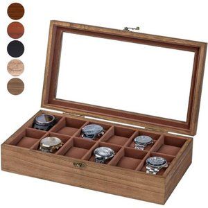 Watch Box Watch Case for Men Women with Large Glass Lid, Wooden Watch Display